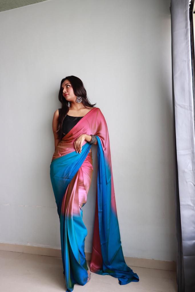 1-Min Ready To Wear Soft Nylon 3D Padding Saree With Unstitched Blouse.