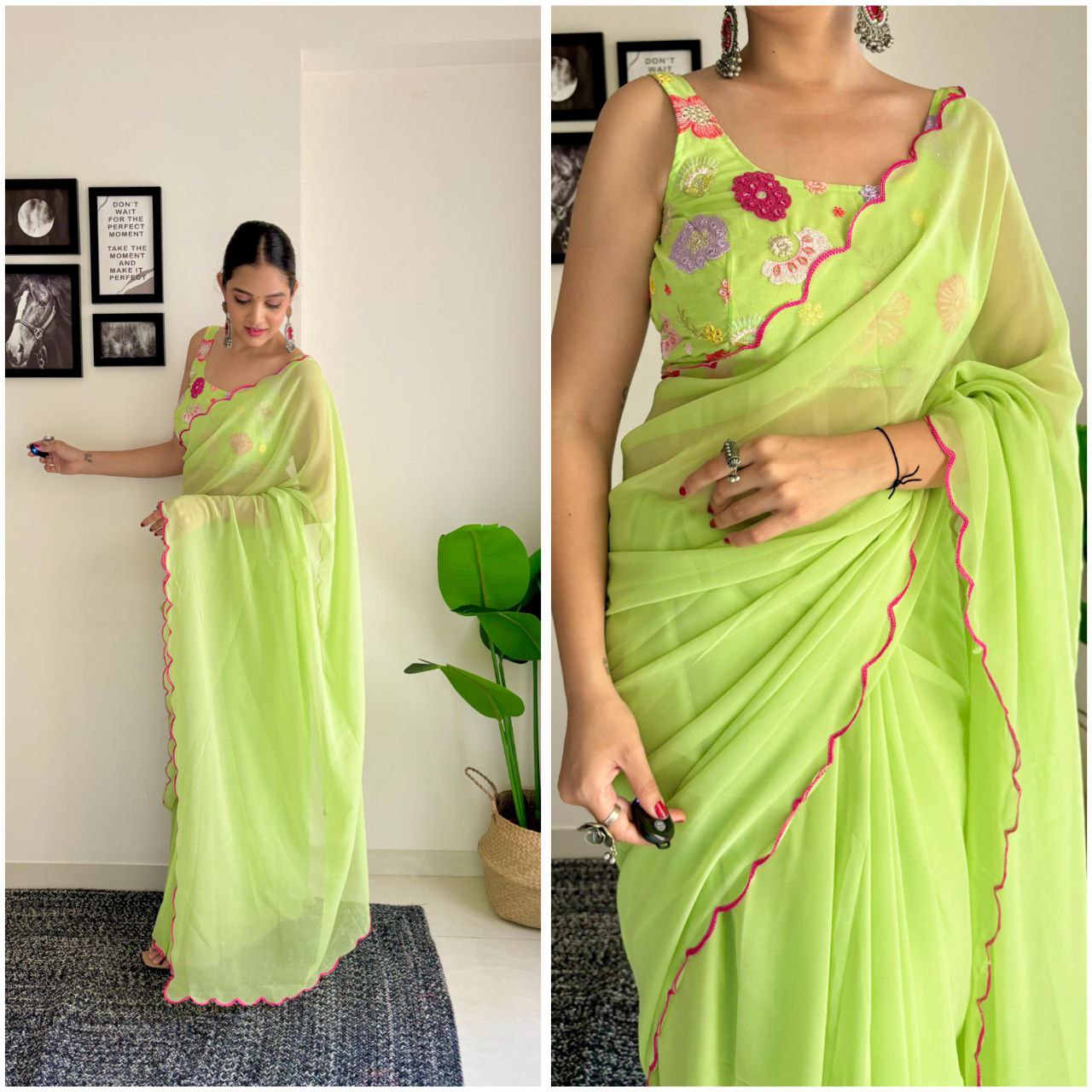 1-Minute Ready To Wear Parrot Green - fox georgette saree with sequence work and multicolour thread work design blouse.