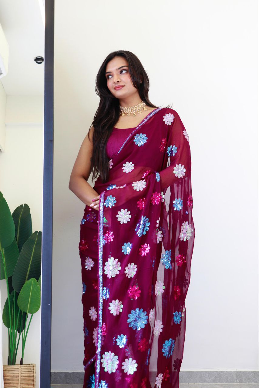 flower wine - faux Georgette Saree with sequence Embroidery Work.