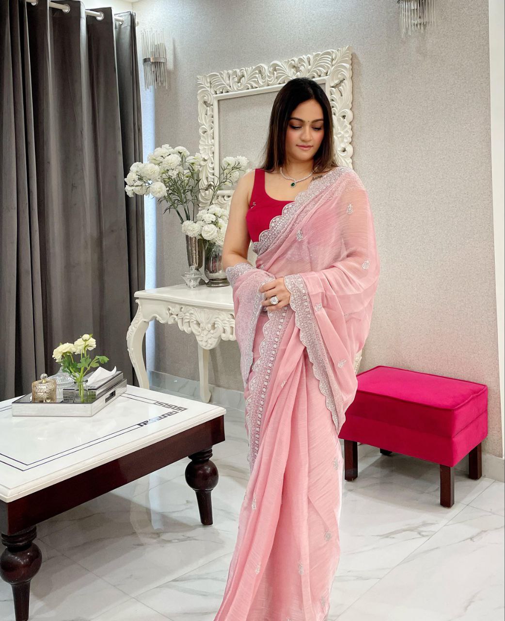 Most Beautiful Mono banglori silk saree with beautiful seqwance work with unstitched blouse