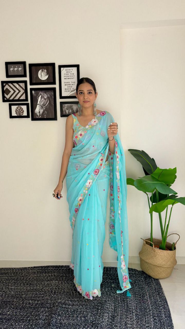 Sky Blue Saree - Fox Georgette Saree With Sequence Work And Multicolour Thread Work Design Saree And Blouse. (Unstitch)