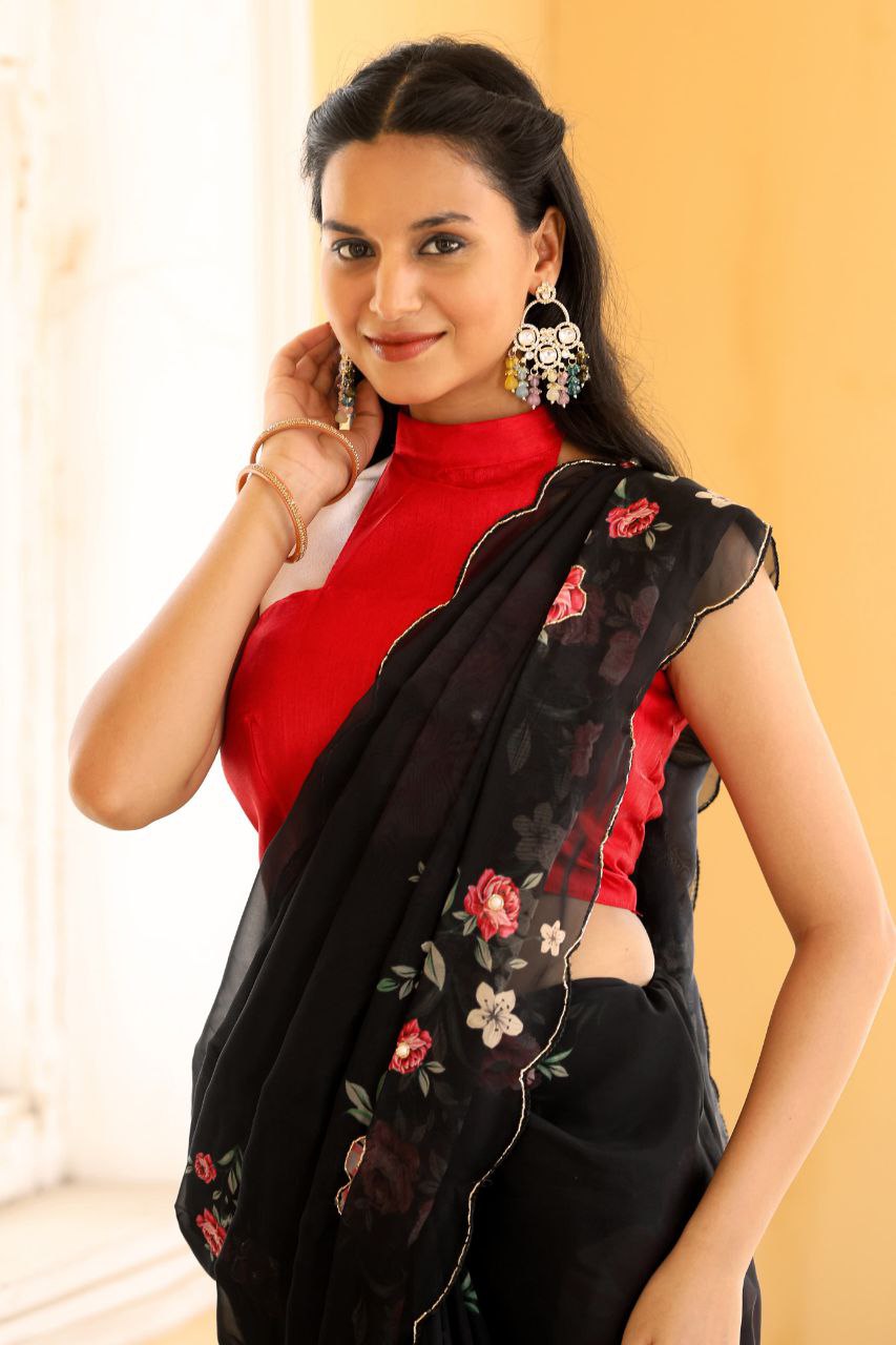 BLACK-Soft Pure Organza Silk Beautiful Digital Print Handwork Saree With Unstitched Blouse.