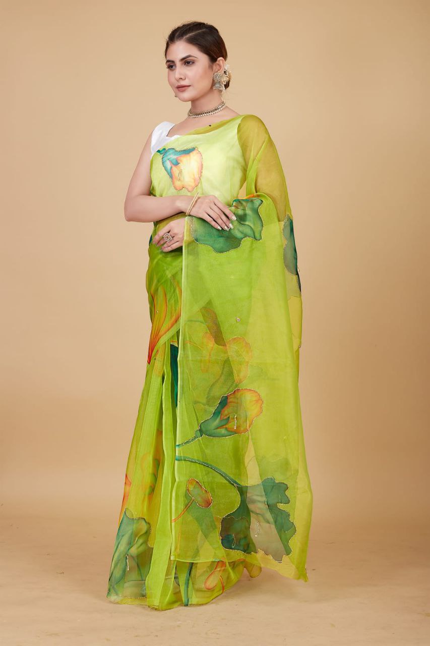 PERROT-Soft Beautiful Digital Print Handwork Organza Silk Saree With Unstitched Blouse.