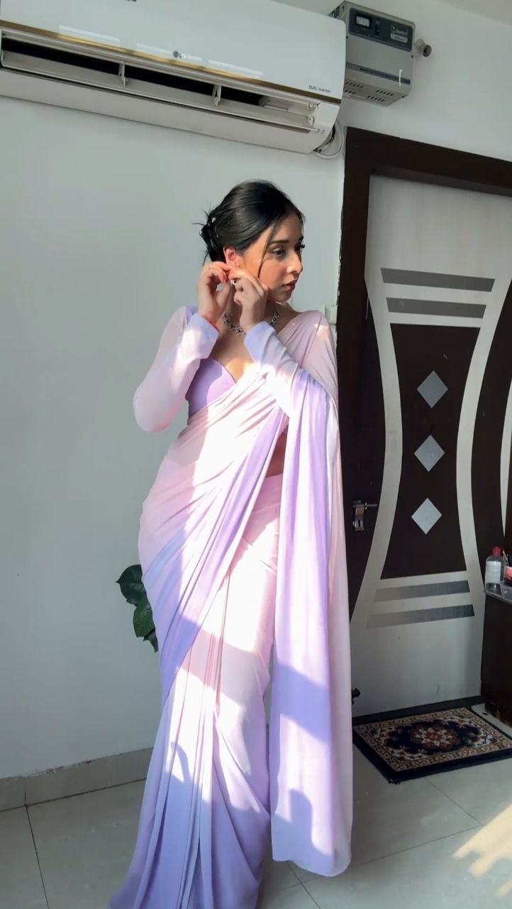 1-Minute Ready To Wear Lavender and Pink Georgette Saree With Unstitched Blouse.