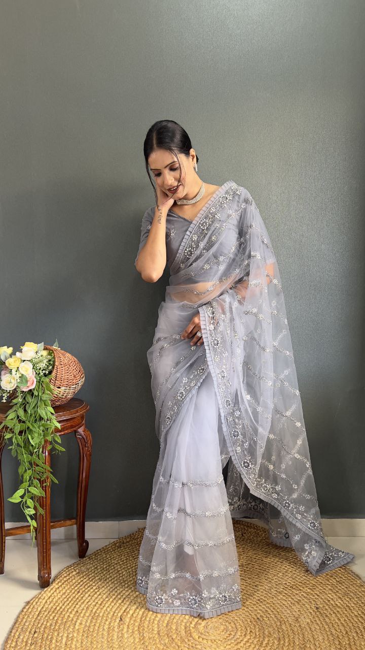 Most Beautiful Latest Premium Net Saree With Beautiful  Dori Work  With Heavy Sequins Work  With Heavy Hand Diamond Work And Beautiful Ruffle Lace On Saree