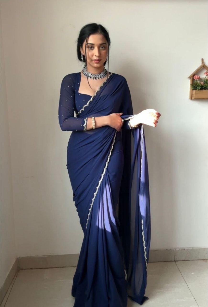 1-Min Ready To Wear Premium Fox Georgette Saree With Stitched Blouse-Work Blue