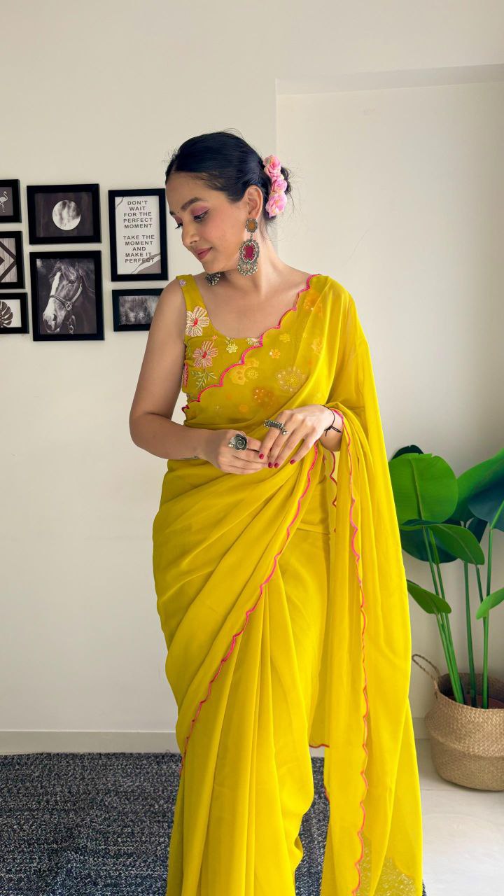 1-Minute Ready To Wear Yellow - fox georgette saree with sequence work and multicolour thread work design blouse.