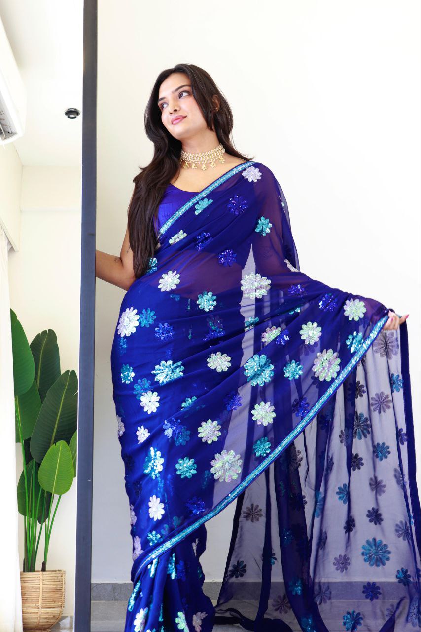 flower royal blue - faux Georgette Saree with sequence Embroidery Work