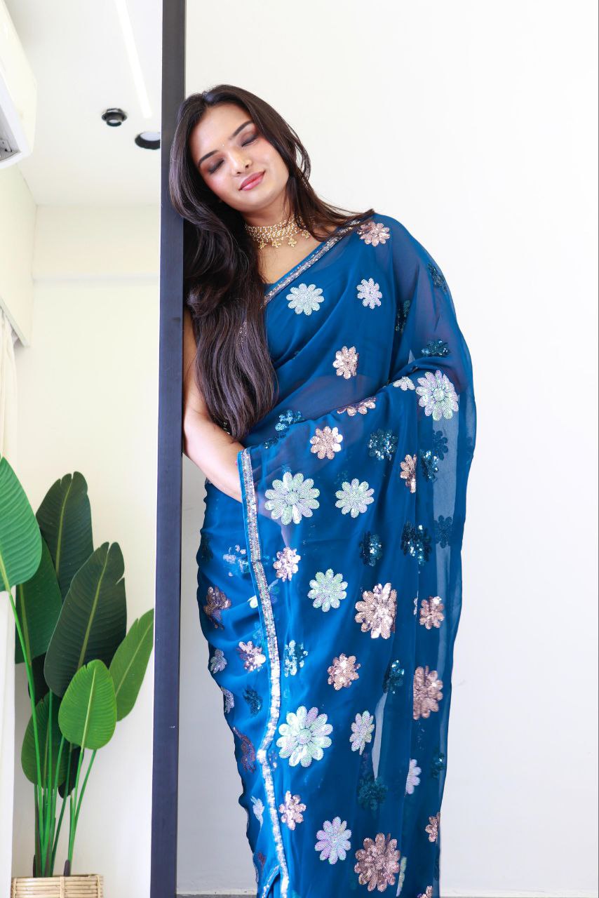 flower firozi - faux Georgette Saree with sequence Embroidery Work