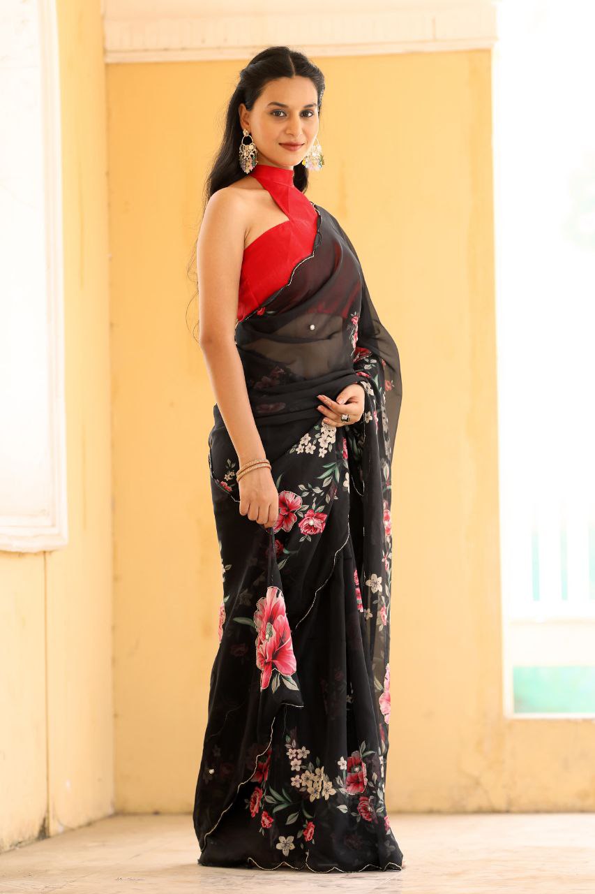 BLACK-Soft Pure Organza Silk Beautiful Digital Print Handwork Saree With Unstitched Blouse.