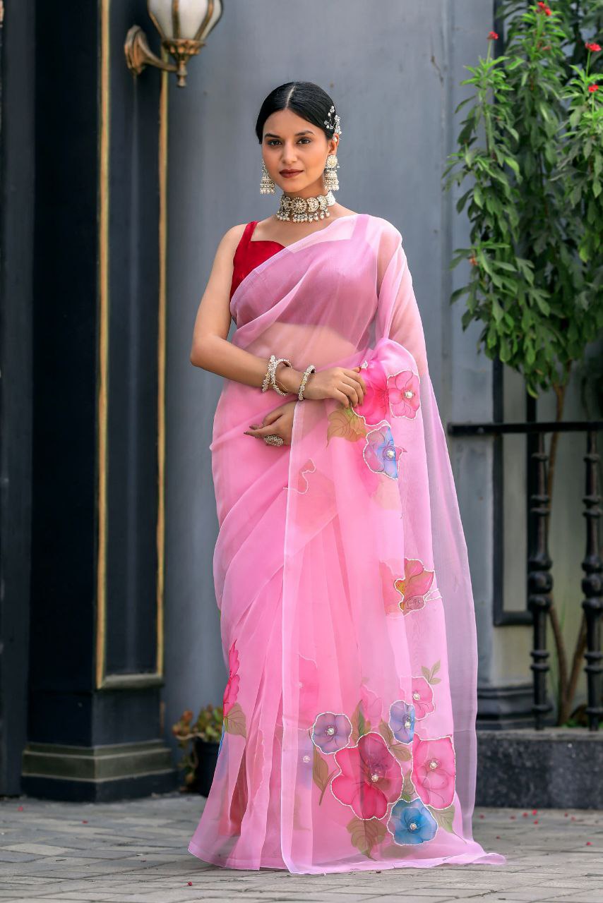 PINK FLORAL-Soft Pure Organza Silk Beautiful Digital Print Handwork Saree With Unstitched Blouse.