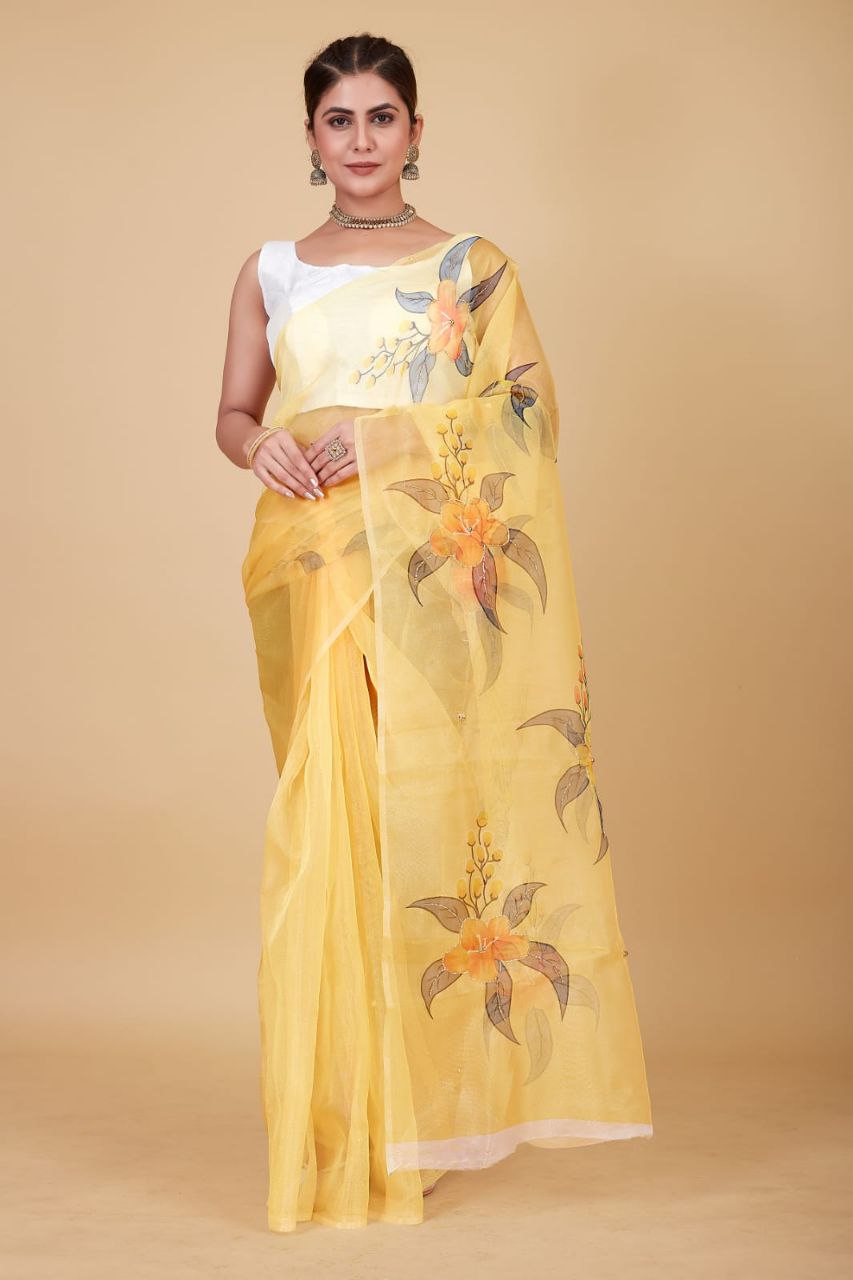 YELLOW-Soft Beautiful Digital Print Handwork Organza Silk Saree With Unstitched Blouse.