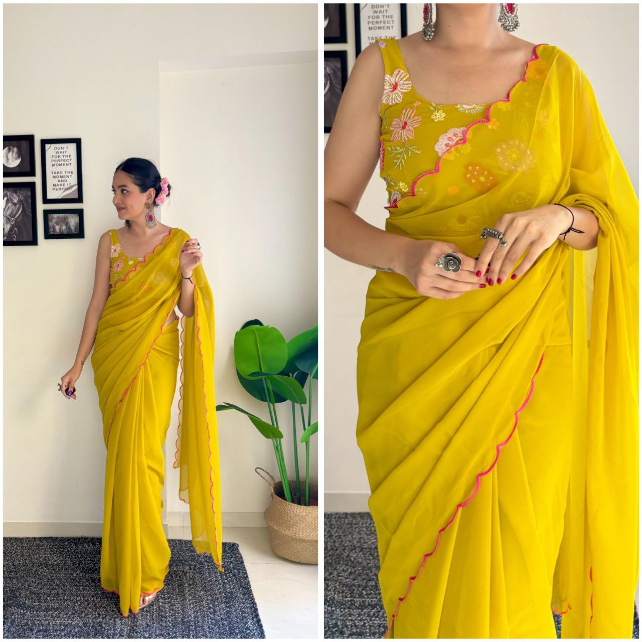 1-Minute Ready To Wear Yellow - fox georgette saree with sequence work and multicolour thread work design blouse.