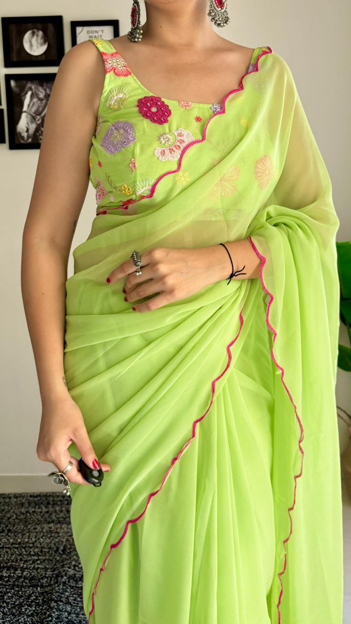 1-Minute Ready To Wear Parrot Green - fox georgette saree with sequence work and multicolour thread work design blouse.