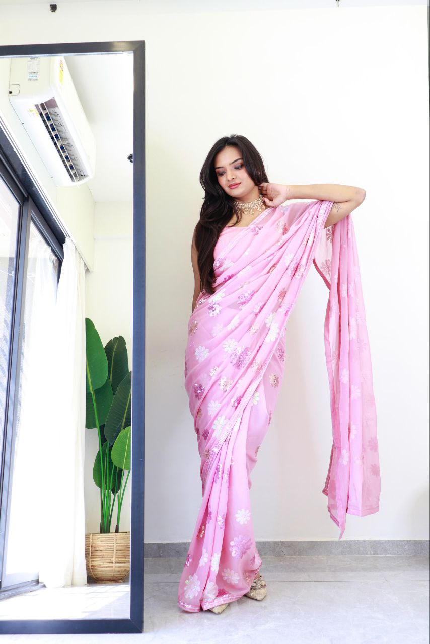 flower light onion - faux Georgette Saree with sequence Embroidery Work.