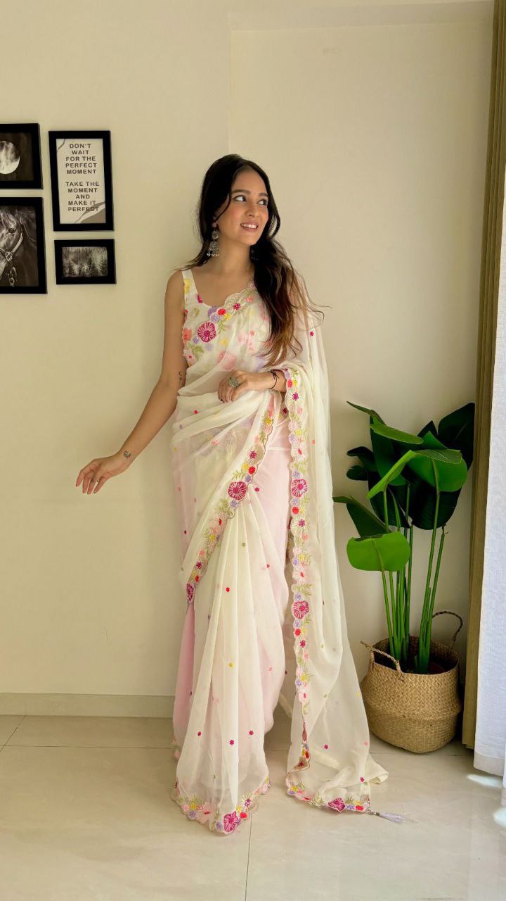 Off White Saree - Fox Georgette Saree With Sequence Work And Multicolour Thread Work Design Saree And Blouse. (Unstitch)