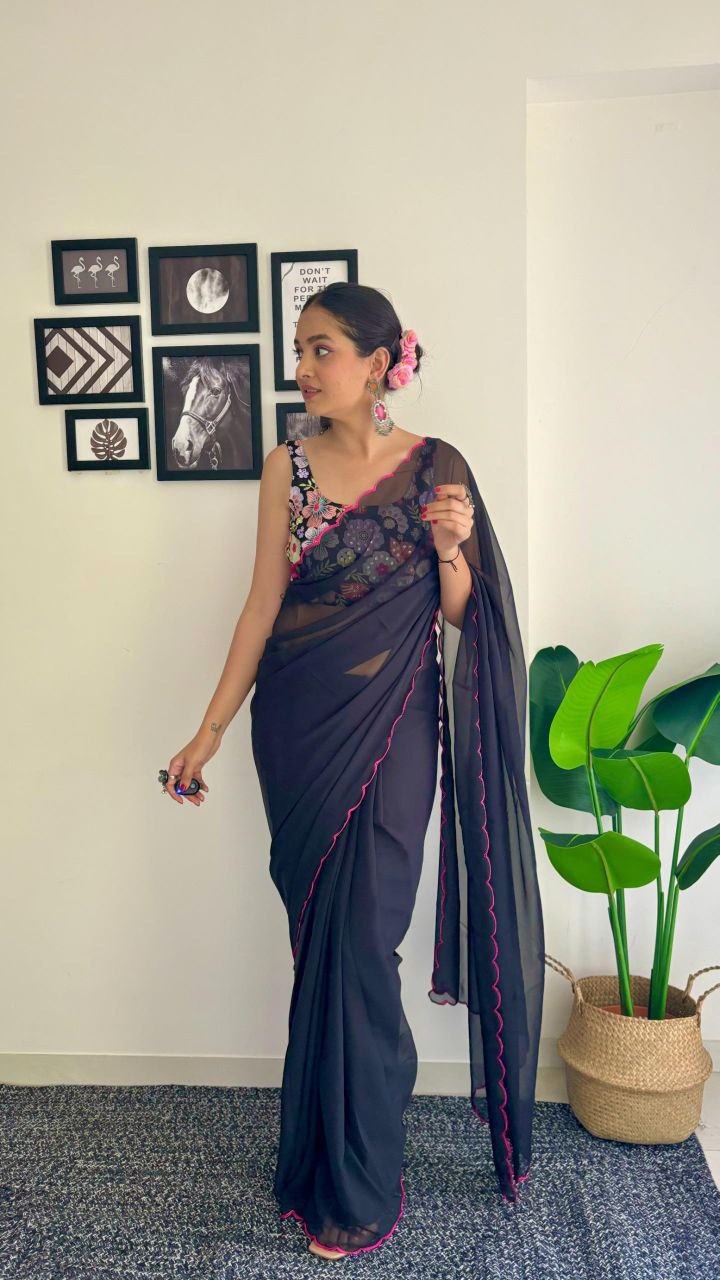 1-Minute Ready To Wear black - fox georgette saree with sequence work and multicolour thread work design blouse.