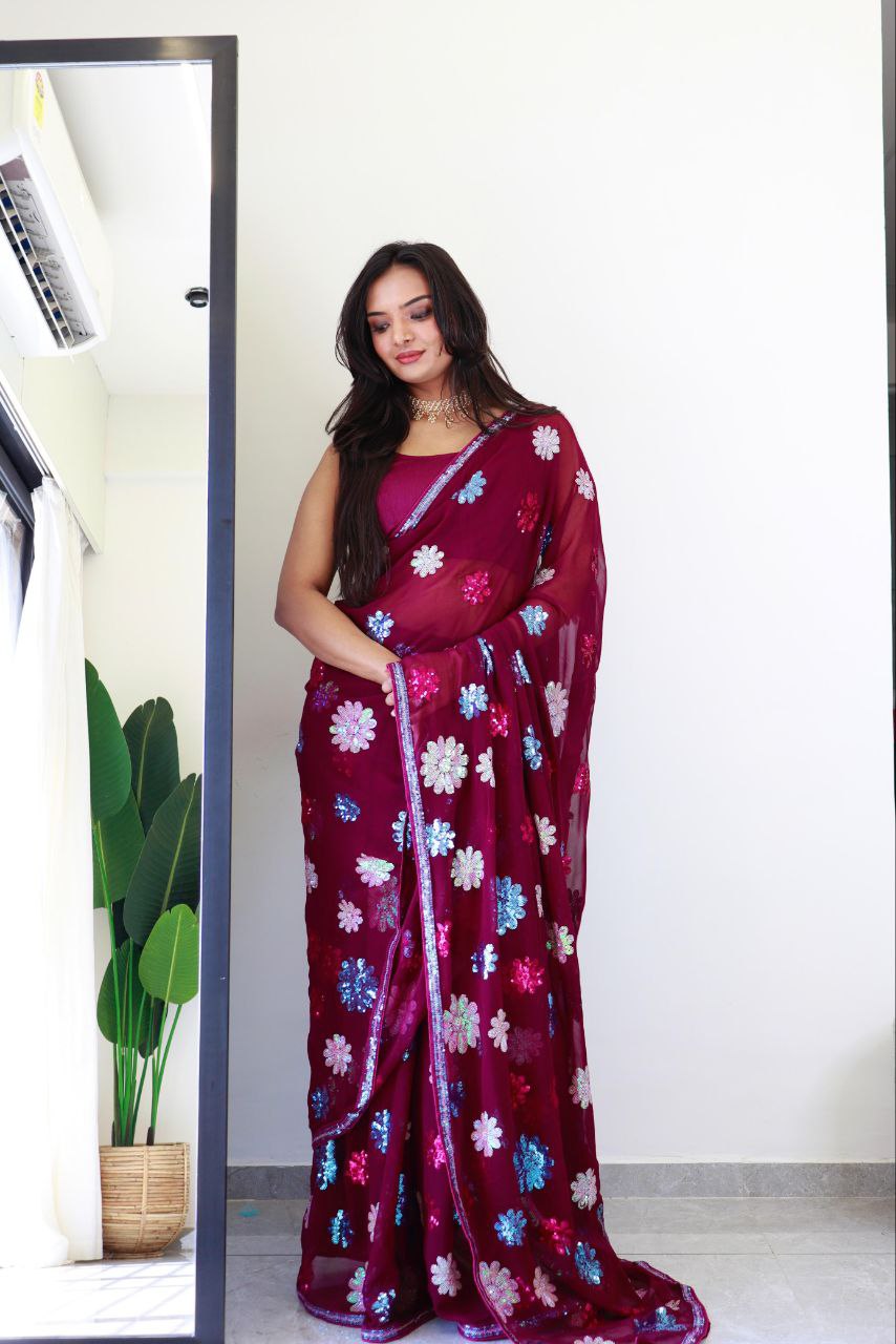 flower wine - faux Georgette Saree with sequence Embroidery Work.