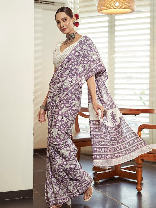 Ready To Wear Floral Printed 100% Soft Pure Cotton Saree With Unstitched Blouse.