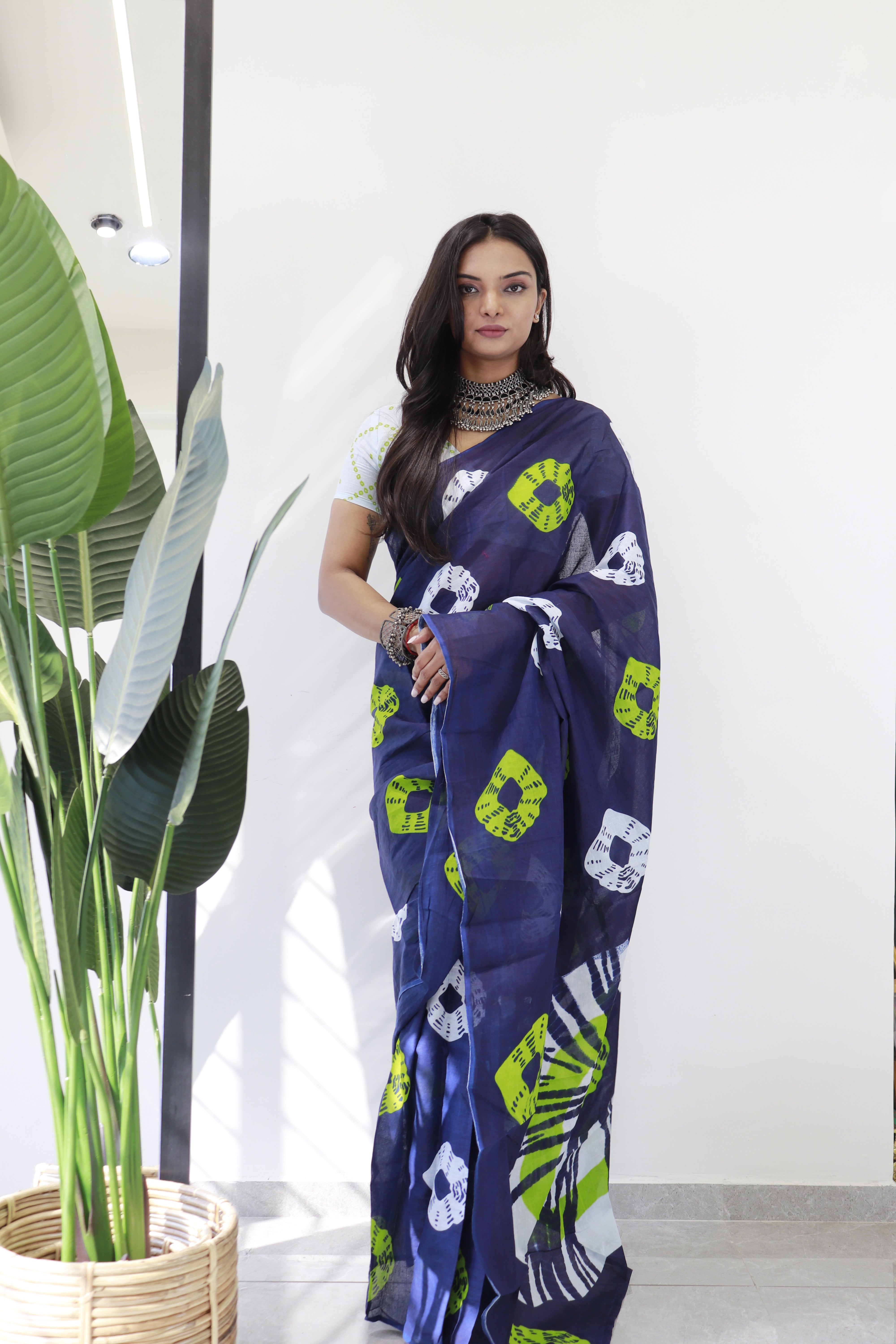 Navy Blue Printed 100% Soft Pure Cotton Saree With Unstitched Blouse.