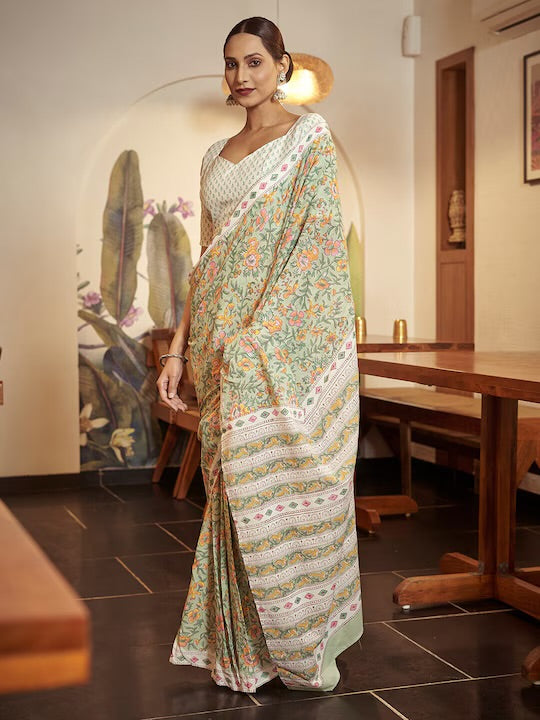 Green Floral Printed 100% Soft Pure Cotton Saree With Unstitched Blouse.